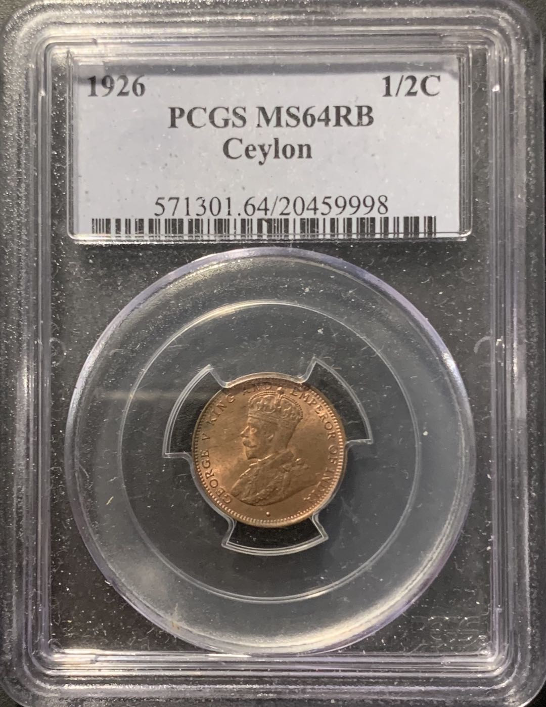 紫瑗钱币——微拍第104期 锡兰 1926年 乔治五世 1/2分 PCGS MS64 RB