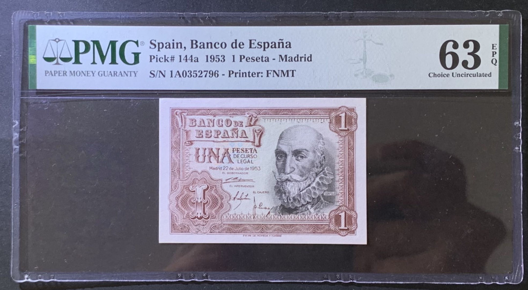 紫瑗钱币——微拍第105期—纸币场 西班牙 1953年 阿尔瓦罗 1比塞塔 PMG 63 EPQ （P-144a）