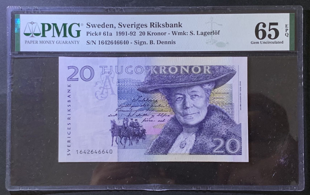 紫瑗钱币——微拍第105期—纸币场 瑞典 1991-92年 骑鹅旅行记 初版 20克朗 PMG 65 EPQ （P-61a)