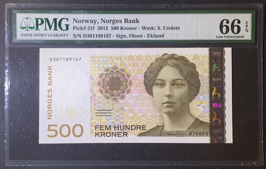 紫瑗钱币——微拍第105期—纸币场 挪威 2012年 温斯特 500克朗 PMG 66 EPQ （P-51f）