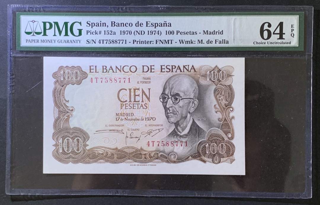 紫瑗钱币——微拍第105期—纸币场 西班牙 1970（1974）年 曼努埃尔·德法拉 100比塞塔 PMG 64 EPQ （P-152a）