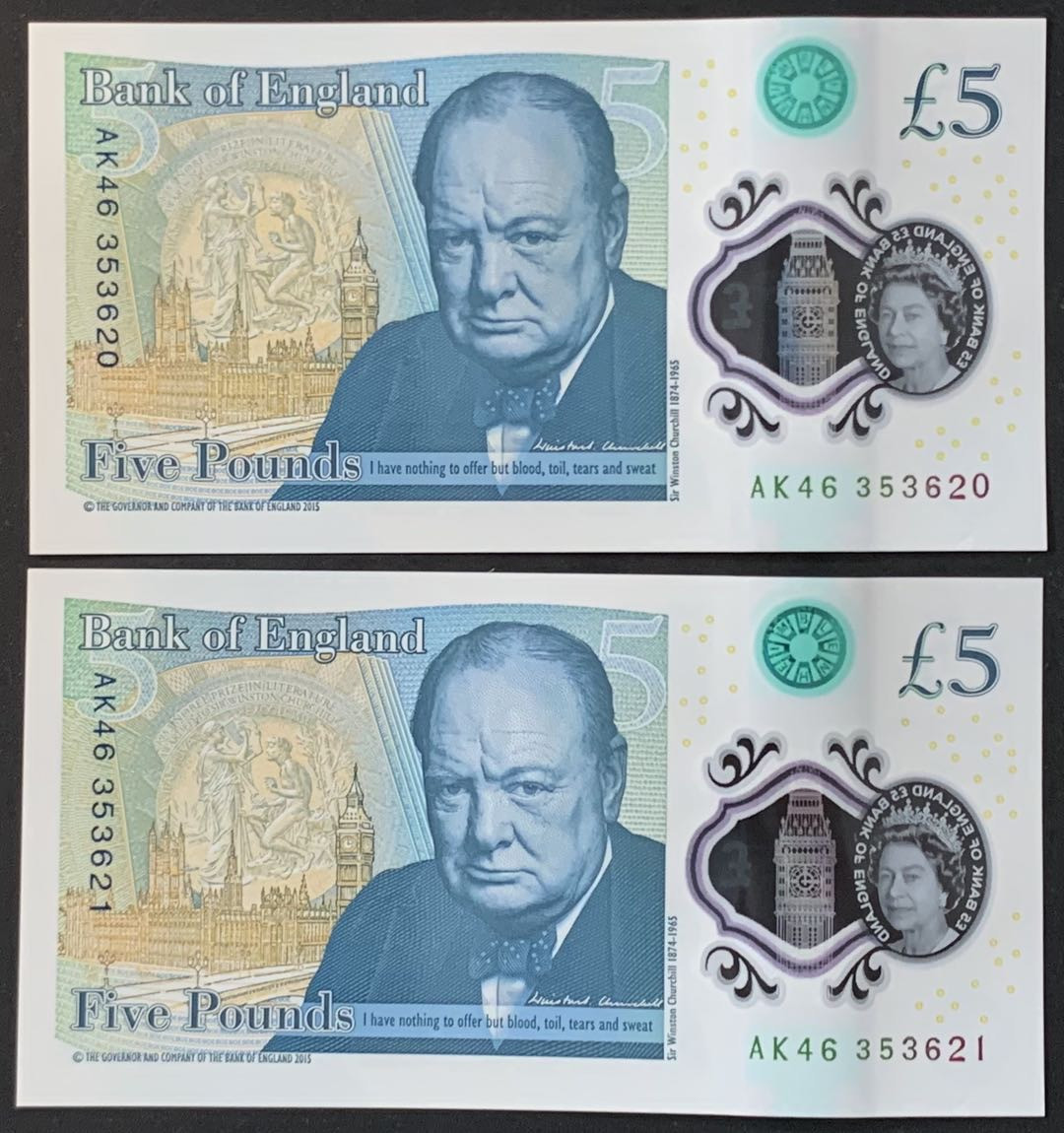 紫瑗钱币——微拍第105期—纸币场 英国 2015年 丘吉尔 5英镑 塑料钞 UNC 2枚一组 