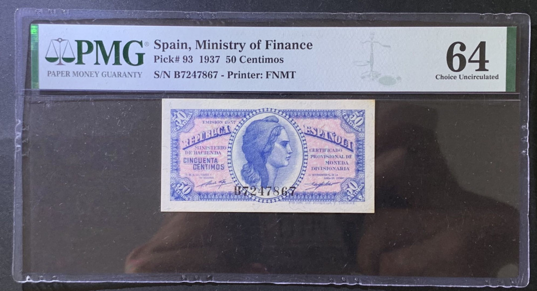 紫瑗钱币——微拍第105期—纸币场 西班牙 1937年 第二共和国 财政部 50分 PMG 64 (P-94a)