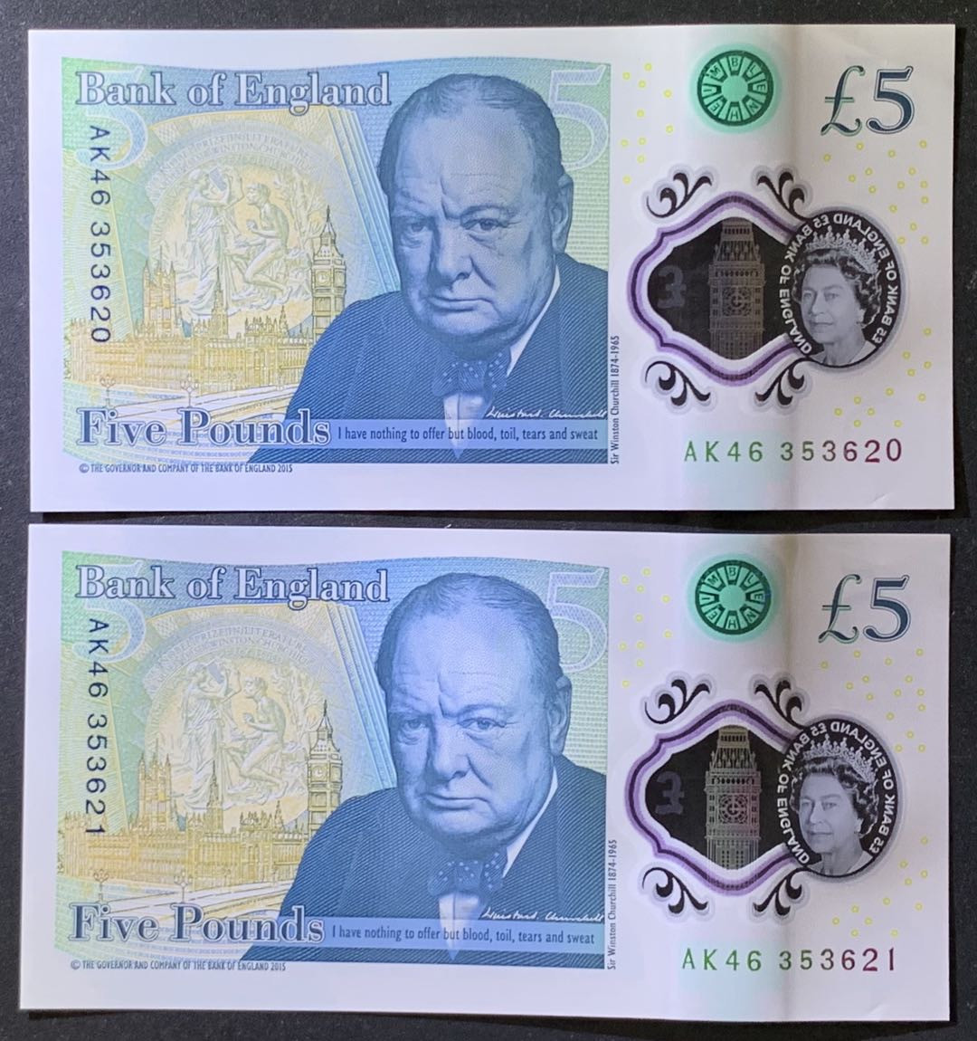 紫瑗钱币——微拍第105期—纸币场 英国 2015年 丘吉尔 5英镑 塑料钞 UNC 2枚一组 
