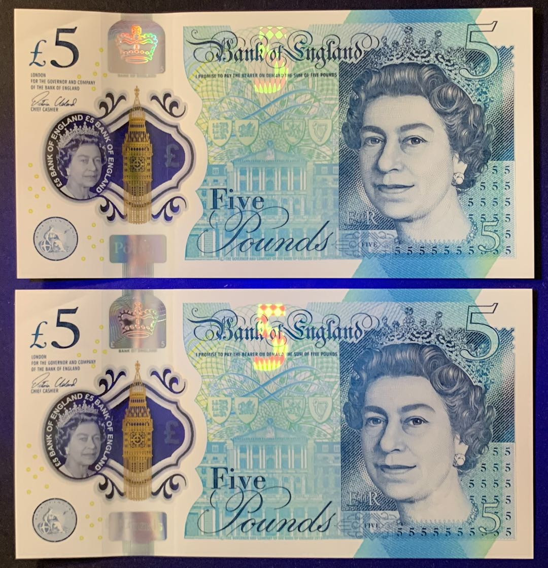 紫瑗钱币——微拍第105期—纸币场 英国 2015年 丘吉尔 5英镑 塑料钞 UNC 2枚一组 