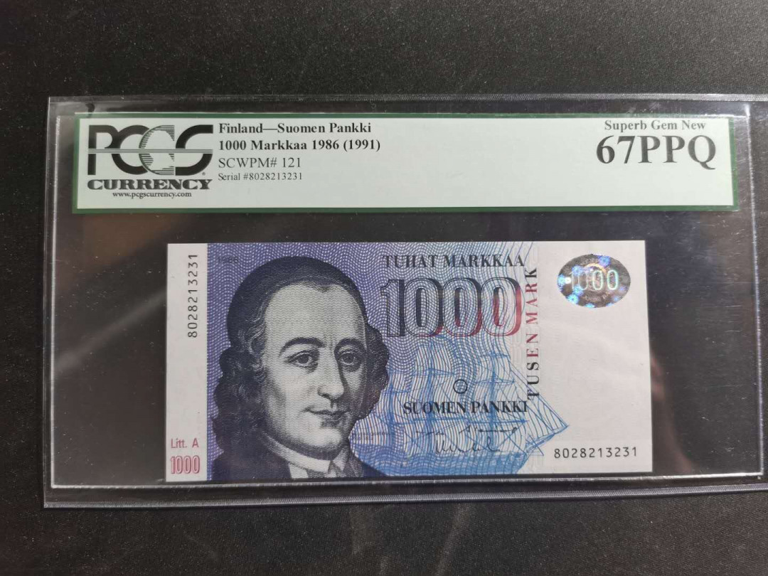 【鲸贝乐淘】千字文·第“守真志满，逐物意移”号拍卖·CICE钱币博览会专场 【芬兰🇫🇮 】1986年1000马克，PCGS67PPQ 