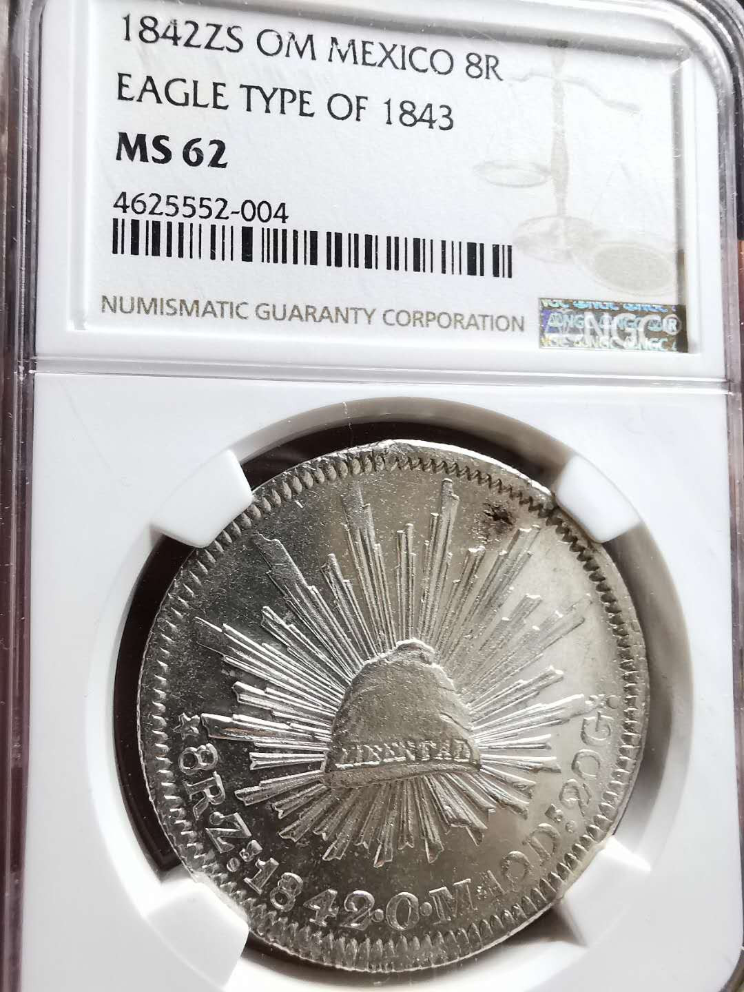 凡希社世界钱币微拍第一百三十三期 荐！1842ZS墨西哥鹰洋8R大银NGC-MS62原银光！