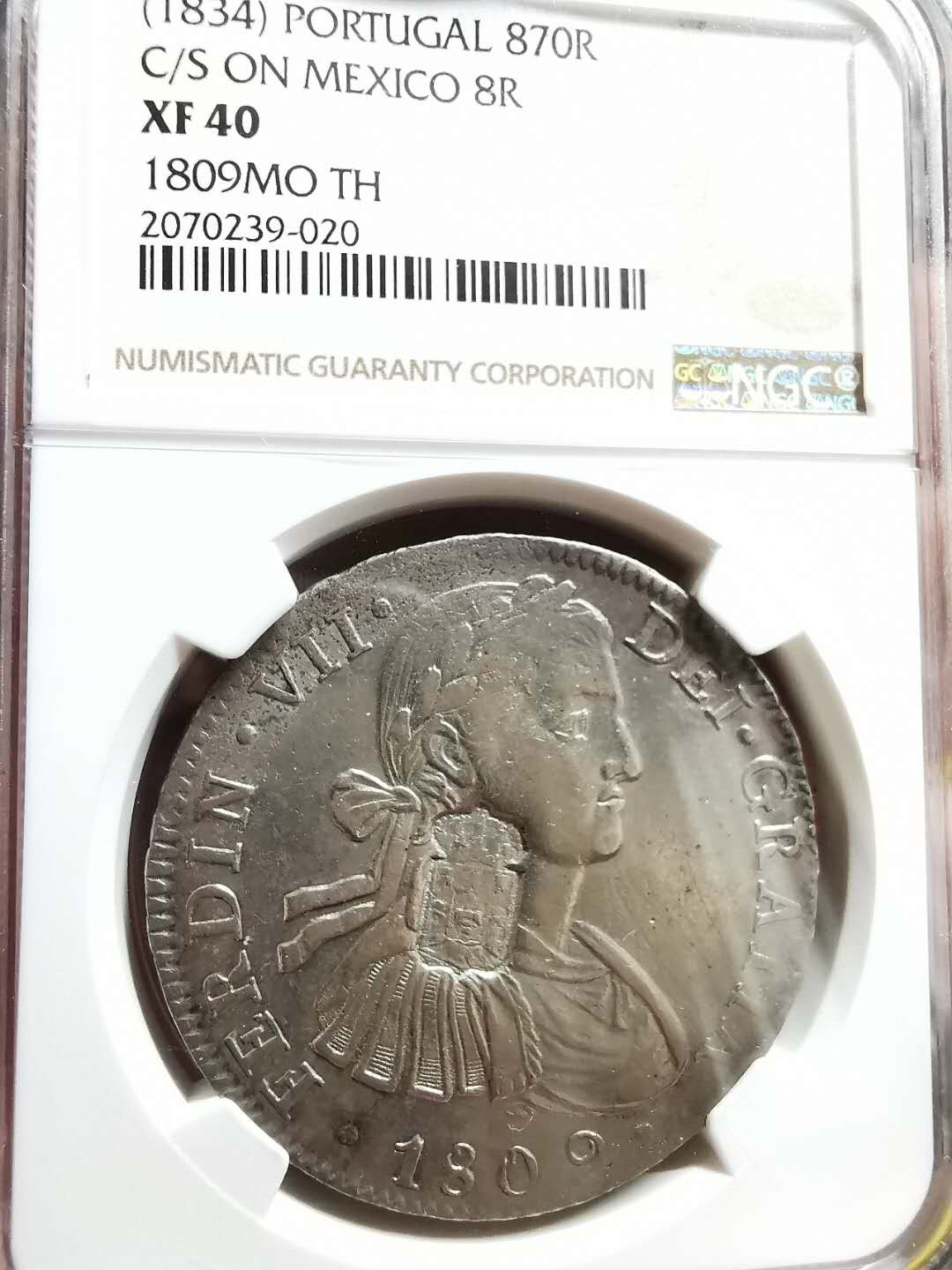 凡希社世界钱币微拍第一百三十三期 稀！1834葡萄牙本土戳改870Reis加盖于墨西哥双柱NGC-XF40稀有高品！