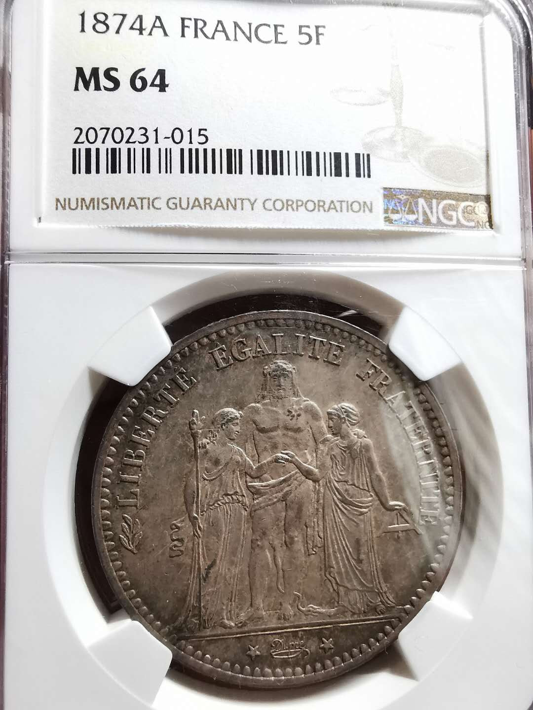 凡希社世界钱币微拍第一百三十三期 1874A法国大力神5法郎NGC-MS64绝美包浆！
