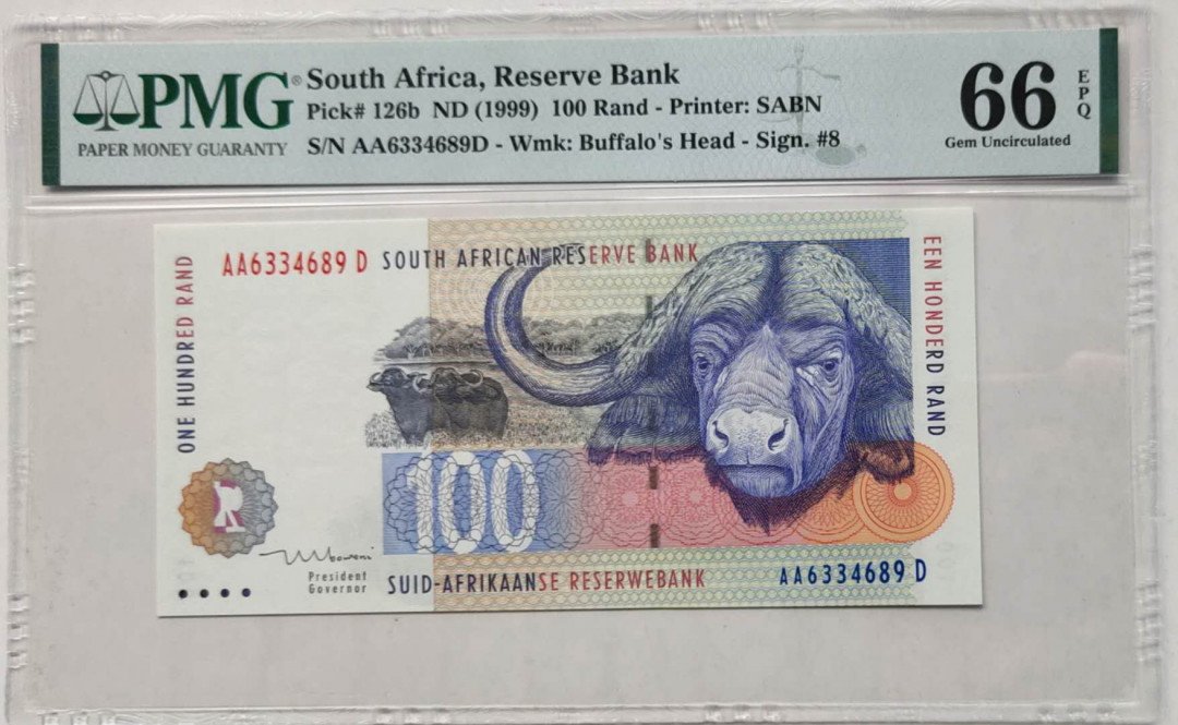【Blue Auction】世界纸币精拍第23期—— 锡兰佛国(共50拍） 【AA冠】南非 1999年100兰特 PMG66EPQ