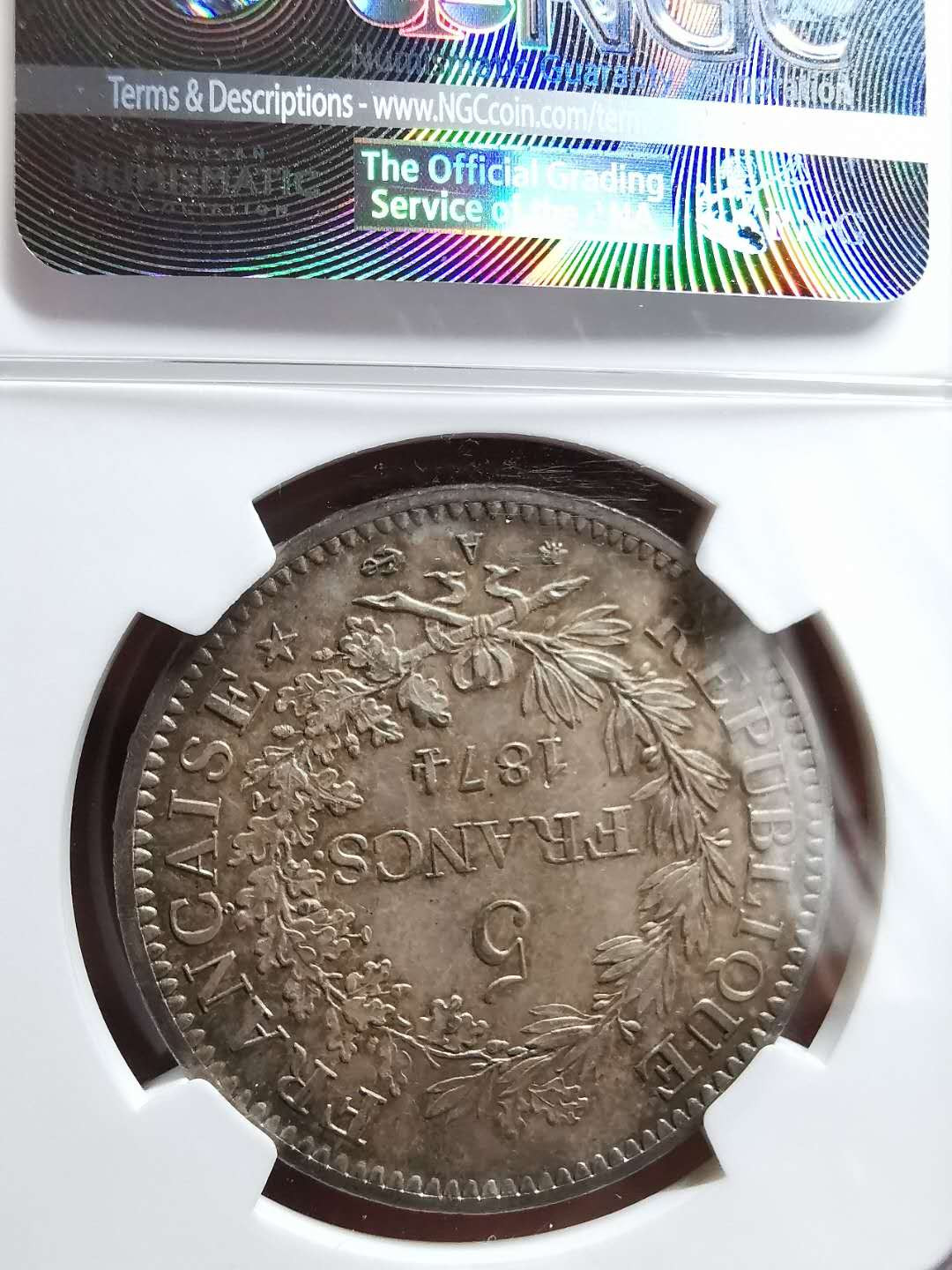 凡希社世界钱币微拍第一百三十三期 1874A法国大力神5法郎NGC-MS64绝美包浆！