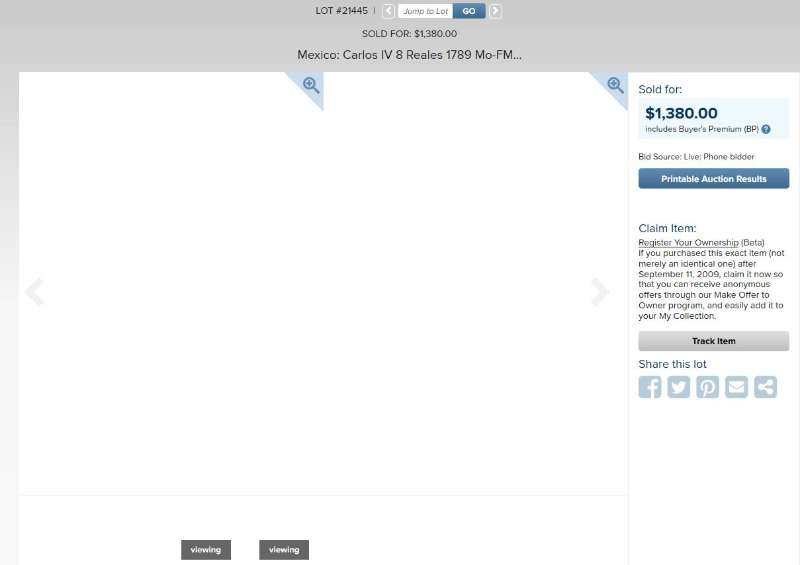 凡希社世界钱币微拍第一百三十三期 稀！1789墨西哥卡三双柱文字错版NGC-MS62稀有品种！