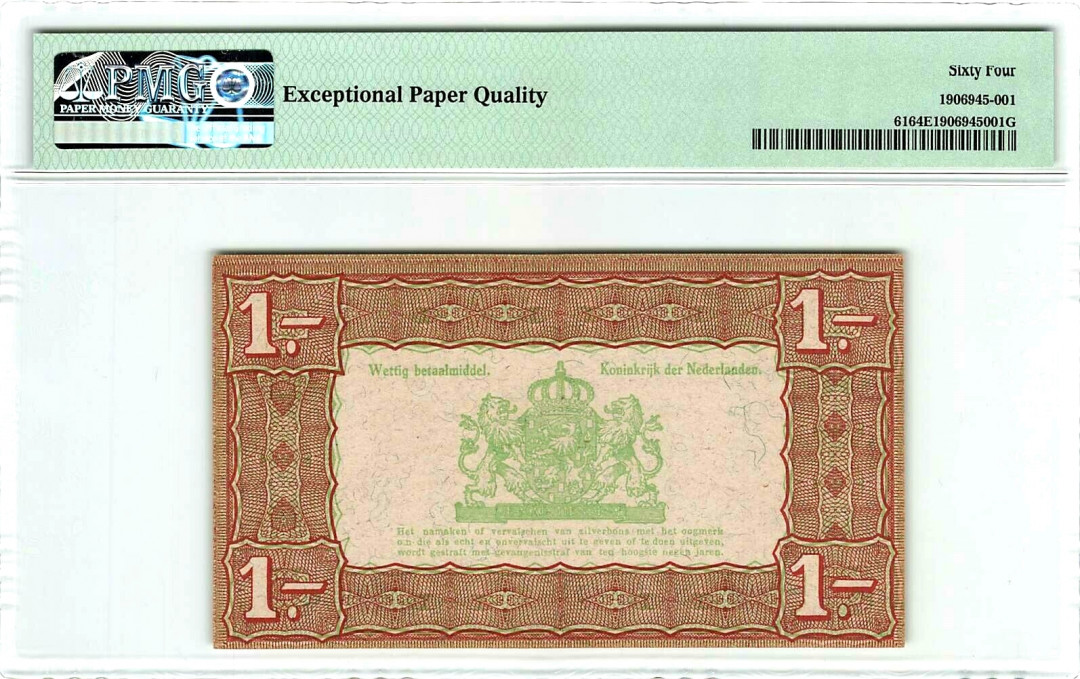 【Blue Auction】世界纸币精拍第23期—— 锡兰佛国(共50拍） 【亚军分稀少】荷兰 1938年1盾 银券 PMG64EPQ 原票 上面仅1张65的 全新稀少 