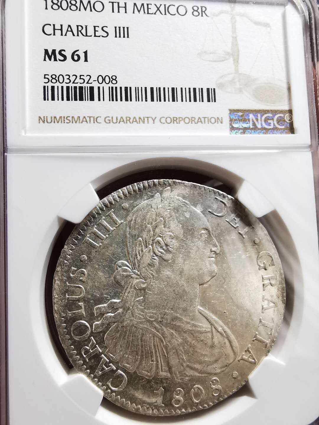 凡希社世界钱币微拍第一百三十三期 荐！1808墨西哥卡四双柱NGC-MS61满打银光！