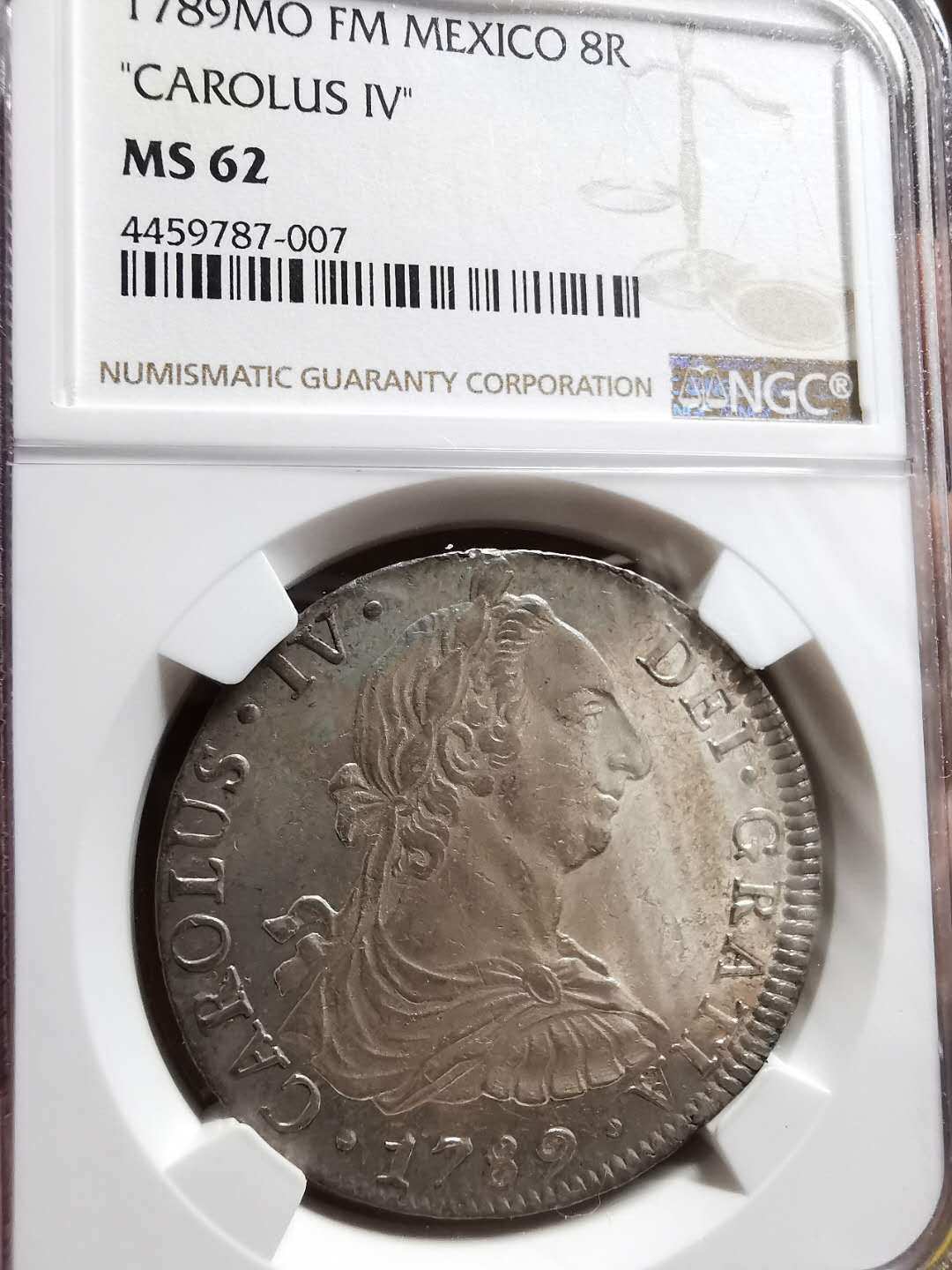 凡希社世界钱币微拍第一百三十三期 稀！1789墨西哥卡三双柱文字错版NGC-MS62稀有品种！