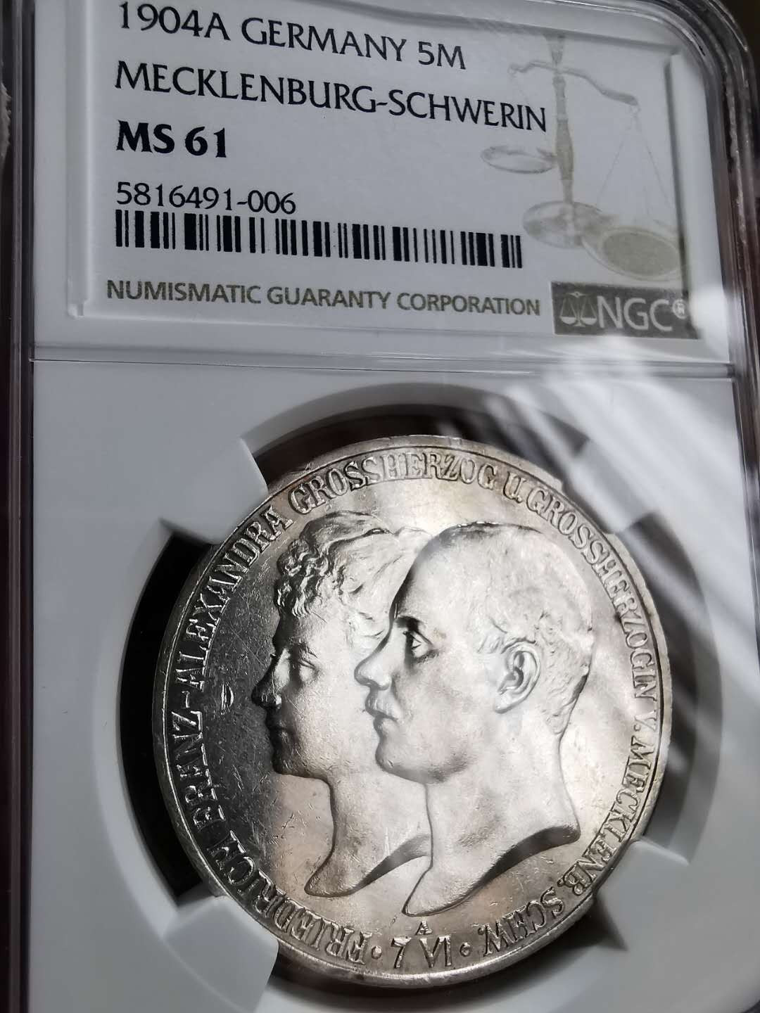 凡希社世界钱币微拍第一百三十三期 1904梅克伦堡5马克大银NGC-MS61