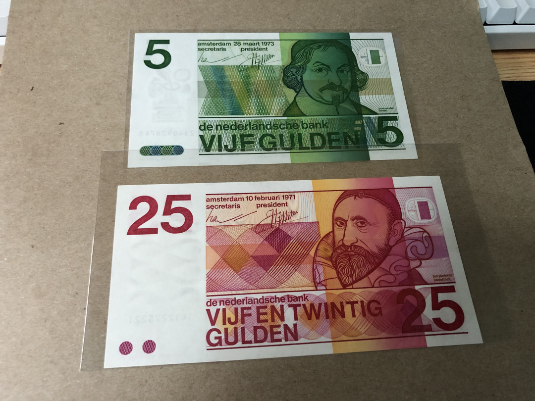 【Blue Auction】世界纸币精拍第23期—— 锡兰佛国(共50拍） 【一组2张】荷兰 1971-73年 5盾&25盾 人像版 全新UNC