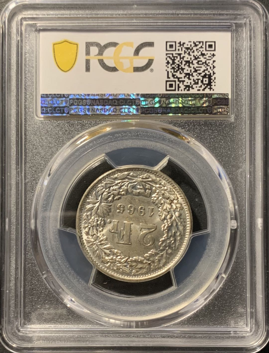 紫瑗钱币——微拍第106期 瑞士 1965年B 赫尔维蒂女神 2法郎 10克 0.835银 PCGS MS65