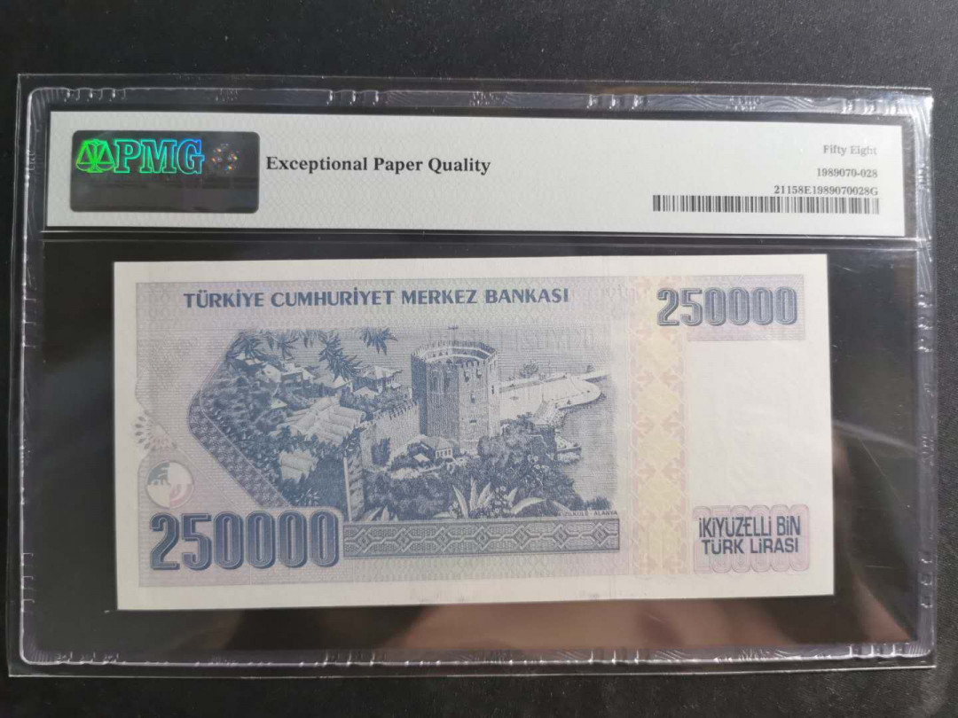 【鲸贝乐淘】千字文·第“守真志满，逐物意移”号拍卖·CICE钱币博览会专场 【土耳其🇹🇷 】1970年250000里尔，PMG58E 