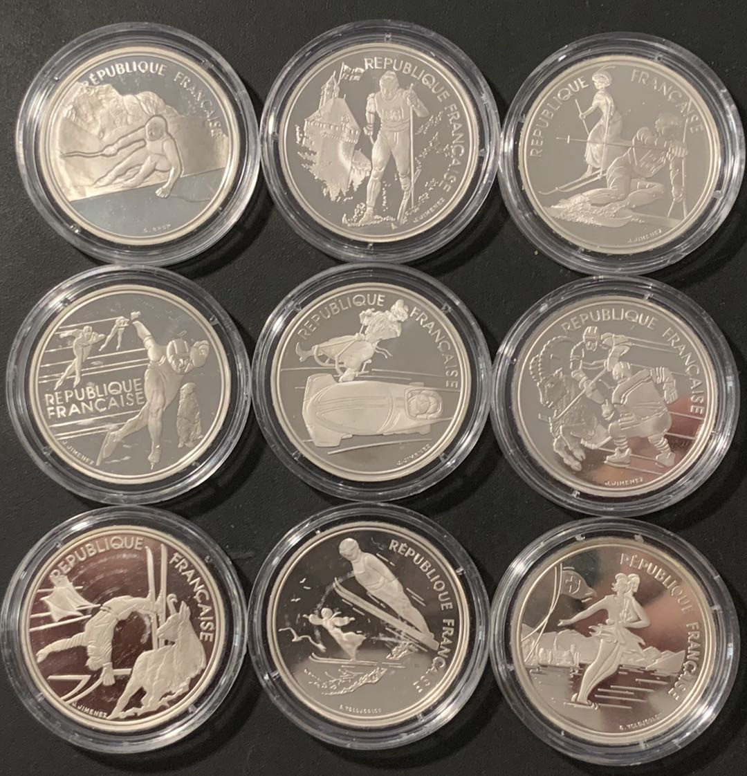 紫瑗钱币——微拍第106期 法国 1992年 阿尔贝维尔冬奥会 100法郎 9枚全套 共199.8克 0.9银 精制