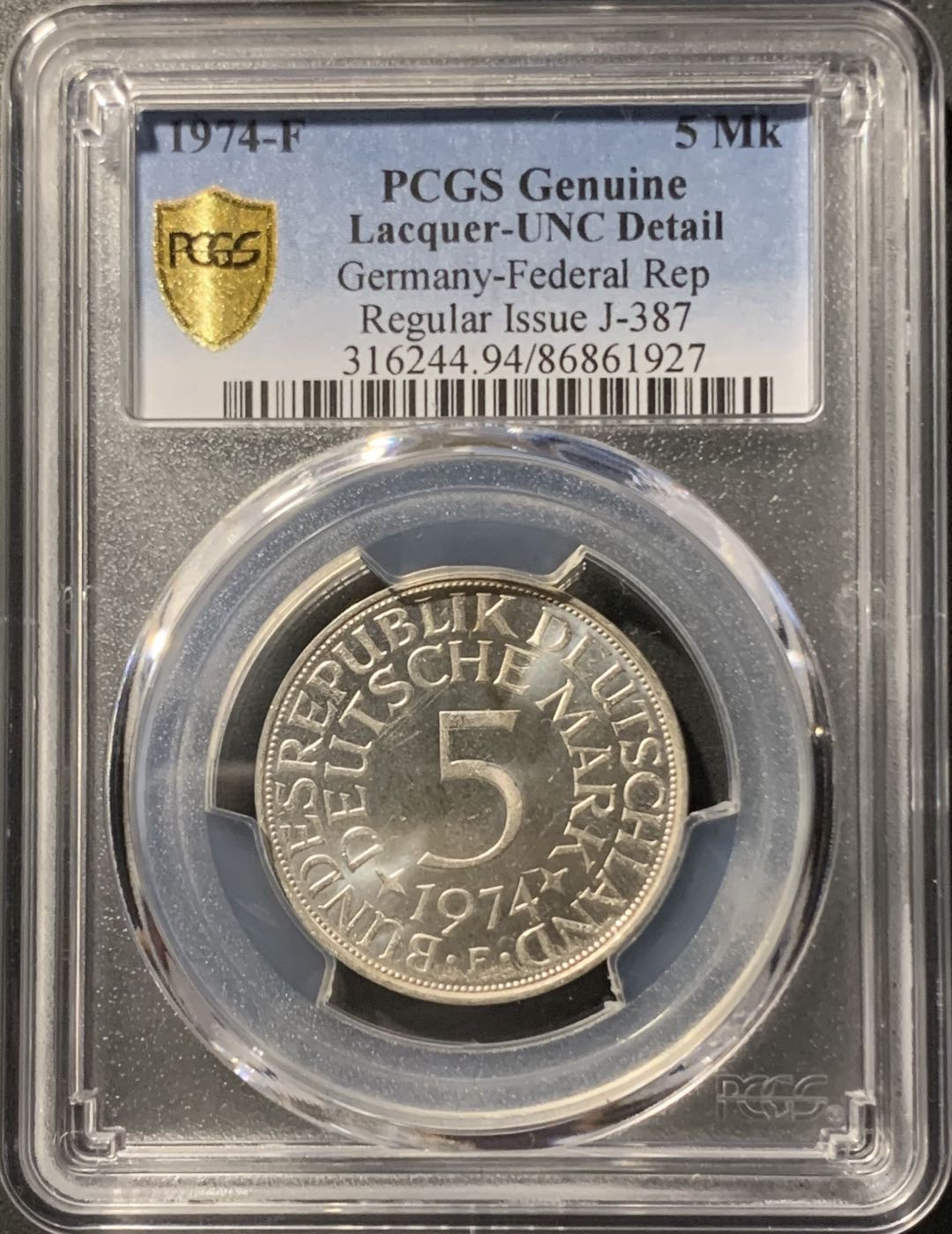 紫瑗钱币——微拍第106期 德国 1974年 F厂 5马克  11.2克 0.625银 PCGS UNC Detail
