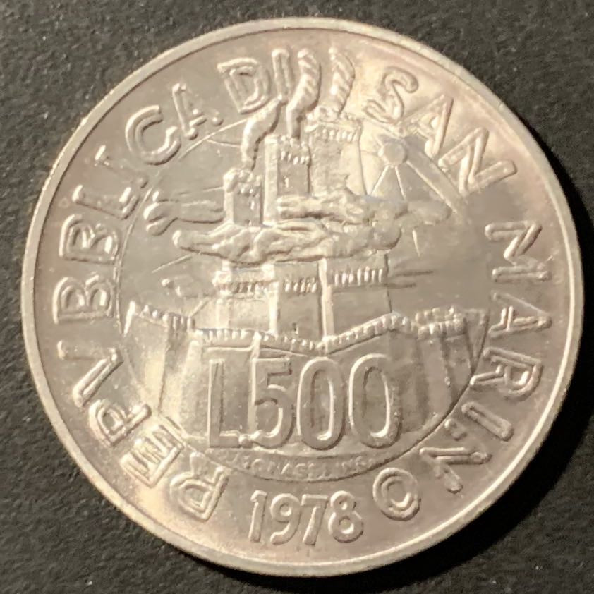 紫瑗钱币——微拍第106期 圣马力诺 1978年 举旗子的人 500里拉 11克 0.835银 UNC