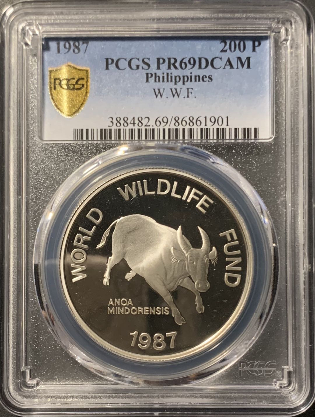 紫瑗钱币——微拍第106期 菲律宾 1987年 世界野生动物基金会 明多罗水牛 200比索 PCGS PR69 DCAM