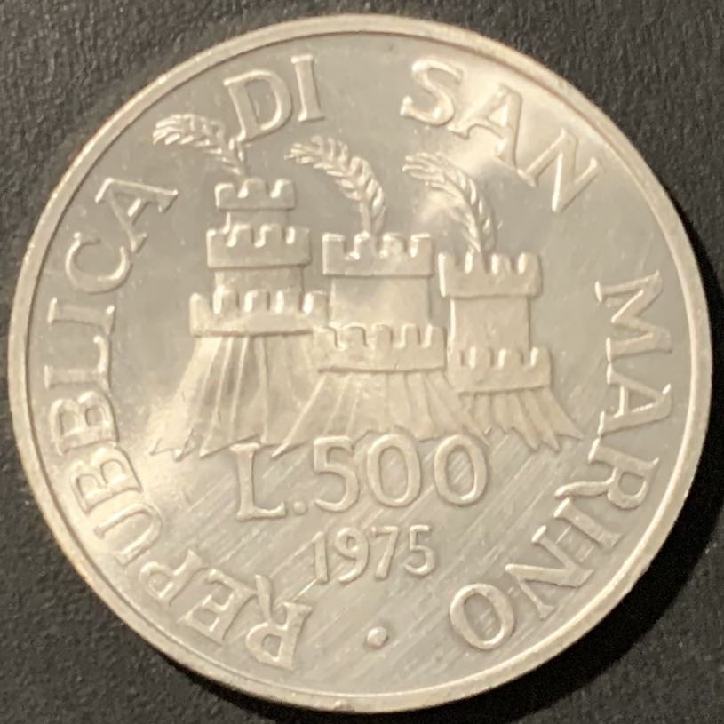 紫瑗钱币——微拍第106期 圣马力诺 1975年 古代石匠 500里拉 11克 0.835银 UNC