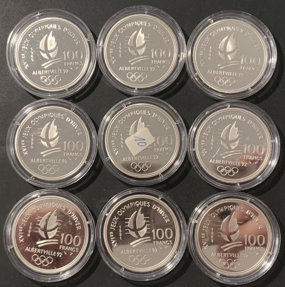 紫瑗钱币——微拍第106期 法国 1992年 阿尔贝维尔冬奥会 100法郎 9枚全套 共199.8克 0.9银 精制