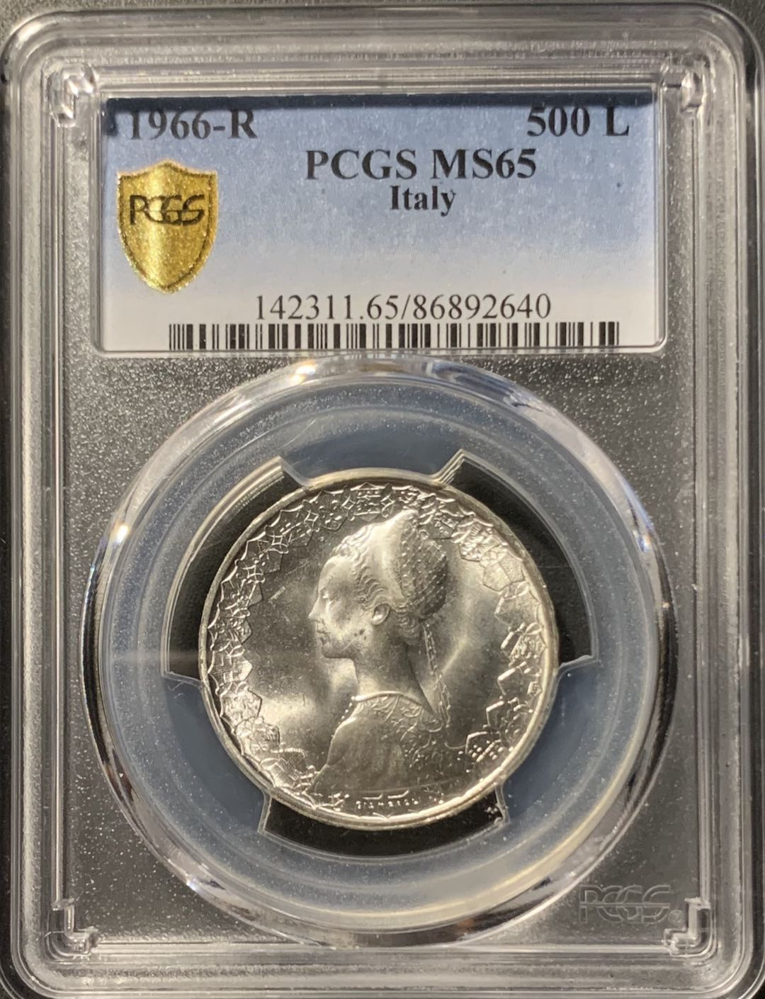 紫瑗钱币——微拍第106期 意大利 1966年 少女与帆船 500里拉 PCGS MS65