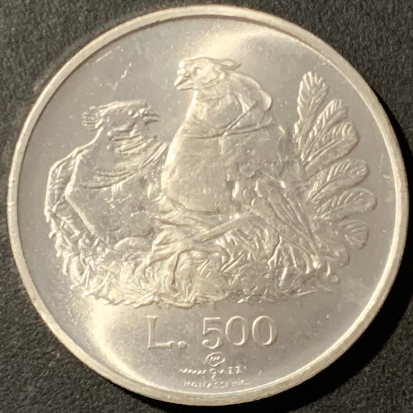 紫瑗钱币——微拍第106期 圣马力诺 1974年 两只鸽子 500里拉 11克 0.835银 UNC