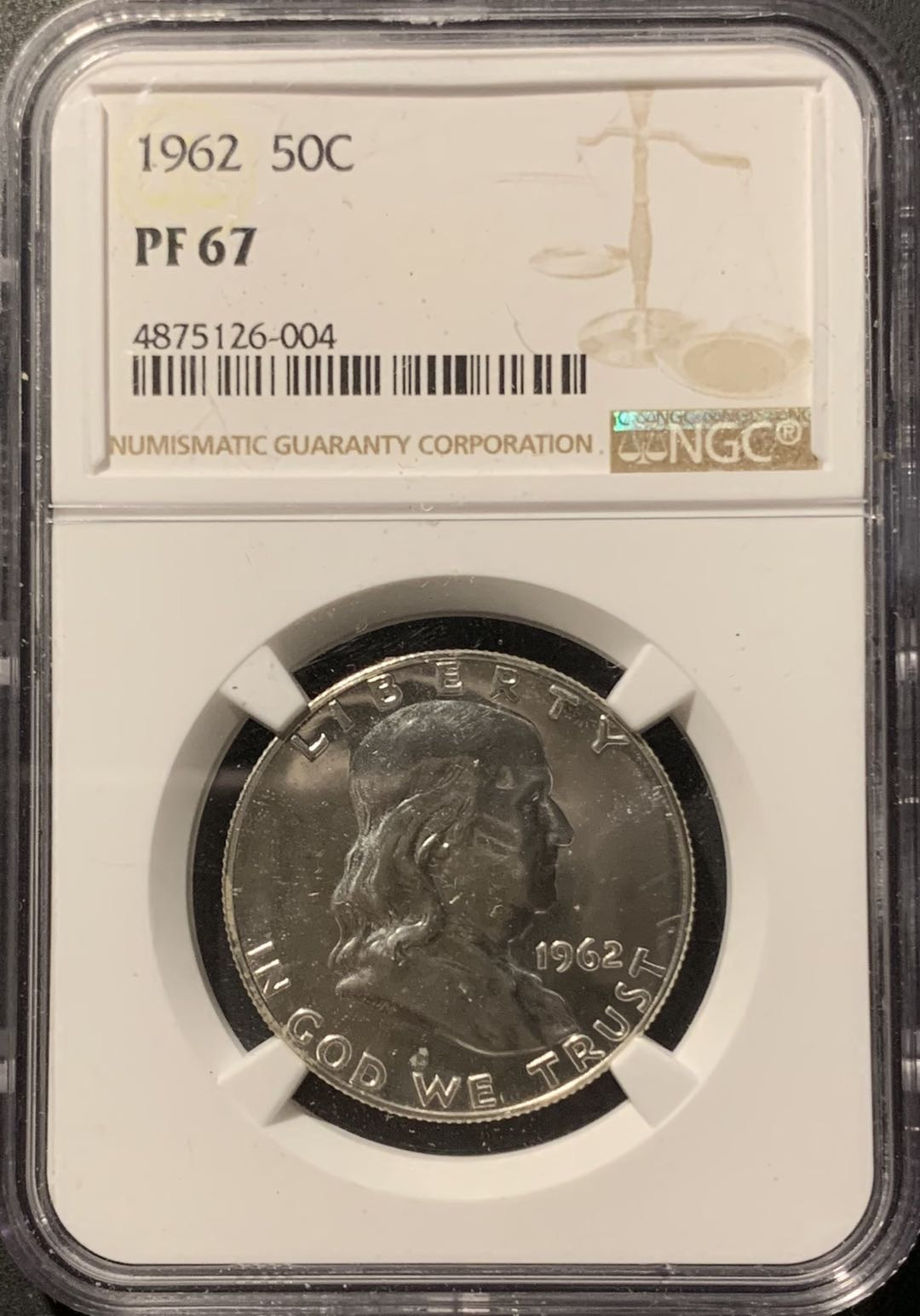 紫瑗钱币——微拍第106期 美国 1962年 富兰克林 50美分 半美元 12.5克 0.9银 NGC PR67 
