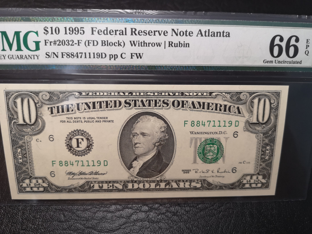 《外钞收藏家》第八十四期拍卖（广州2020币展特拍） 1995年10美元 小头版 pmg66