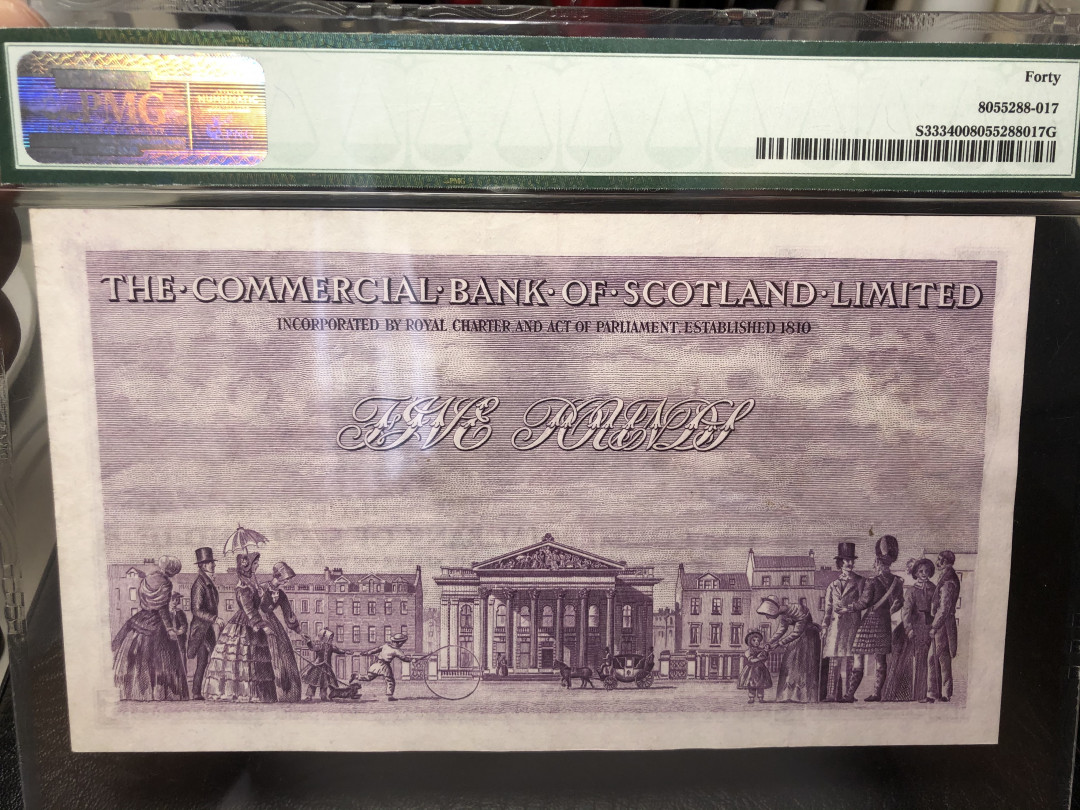 《外钞收藏家》第八十四期拍卖（广州2020币展特拍） 苏格兰5镑 1947-58年 BWC早期作品，超大票幅，虽然40分，状态很不错。是苏格兰和BWC作品里的精品
