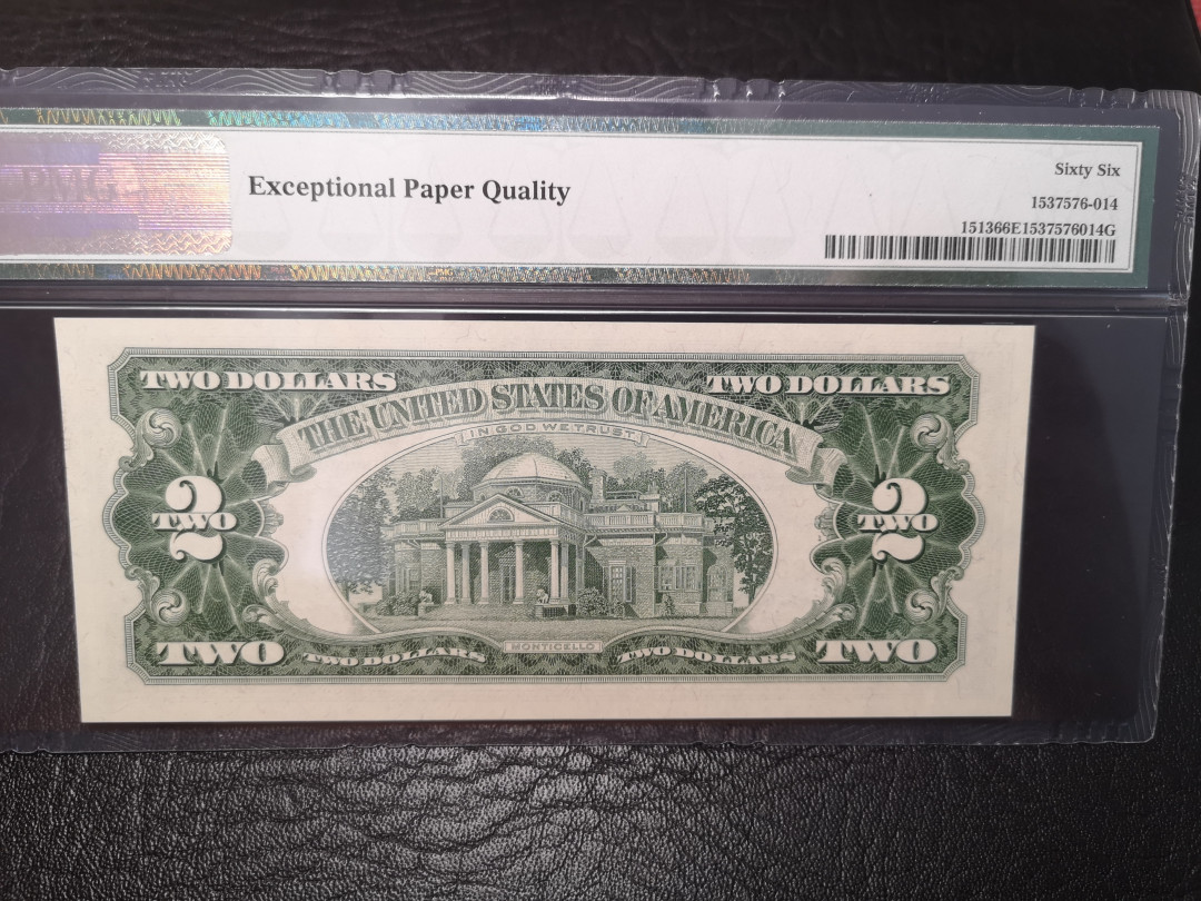 《外钞收藏家》第八十四期拍卖（广州2020币展特拍） 1963年2美元 AA冠 红库印 pmg66