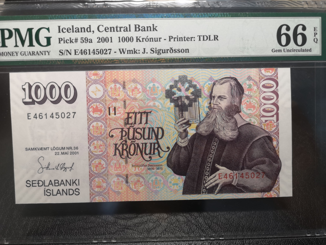 《外钞收藏家》第八十四期拍卖（广州2020币展特拍） 冰岛2001年1000克朗 pmg66