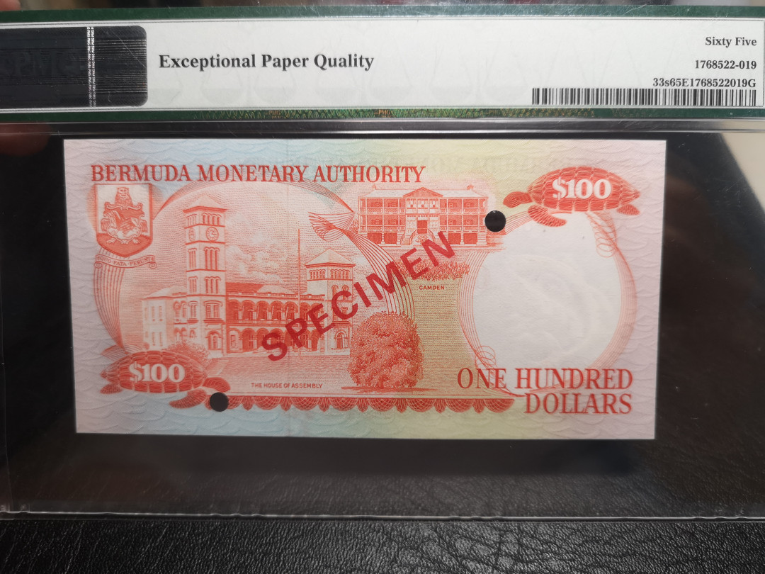 《外钞收藏家》第八十四期拍卖（广州2020币展特拍） 百慕大1982-86年100刀 pmg65 这是样钞