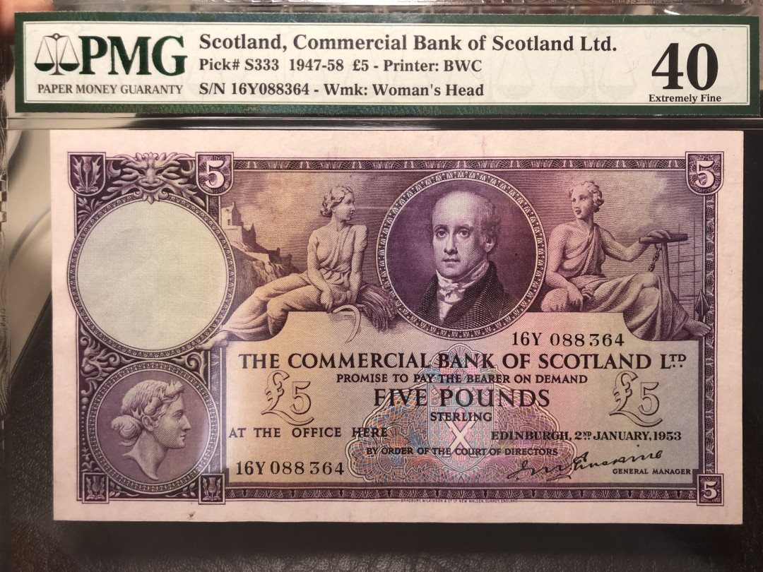 《外钞收藏家》第八十四期拍卖（广州2020币展特拍） 苏格兰5镑 1947-58年 BWC早期作品，超大票幅，虽然40分，状态很不错。是苏格兰和BWC作品里的精品