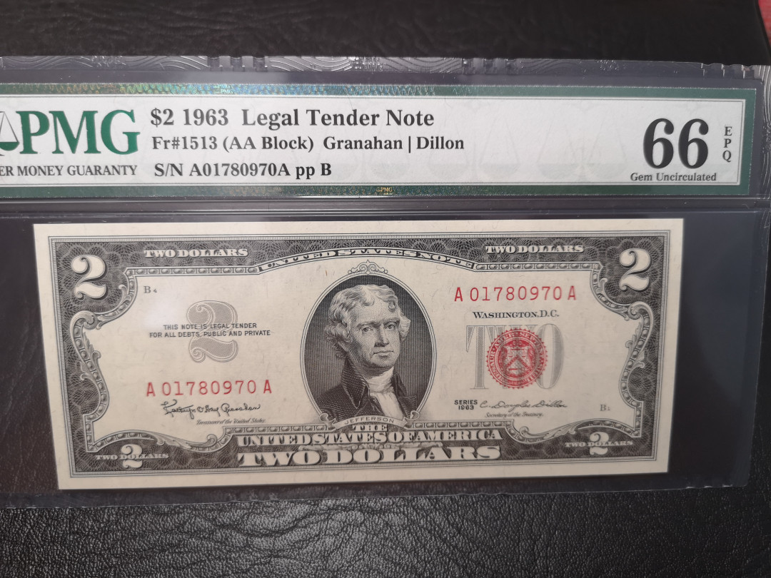 《外钞收藏家》第八十四期拍卖（广州2020币展特拍） 1963年2美元 AA冠 红库印 pmg66