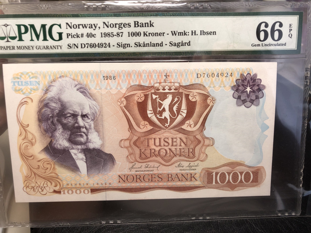 《外钞收藏家》第八十四期拍卖（广州2020币展特拍） 挪威1986年1000克朗 易卜生 经典大胡子雕刻 pmg66