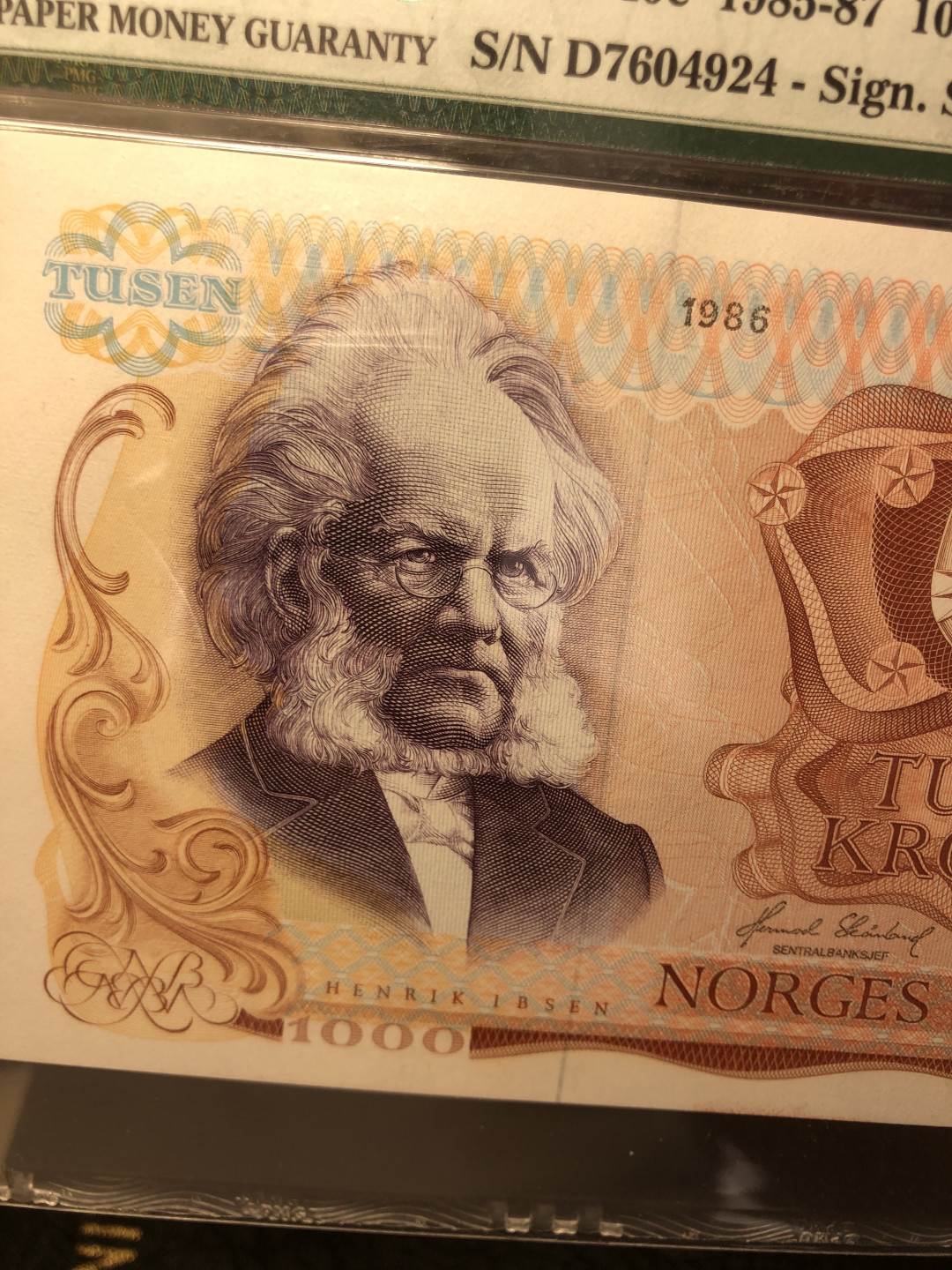 《外钞收藏家》第八十四期拍卖（广州2020币展特拍） 挪威1986年1000克朗 易卜生 经典大胡子雕刻 pmg66