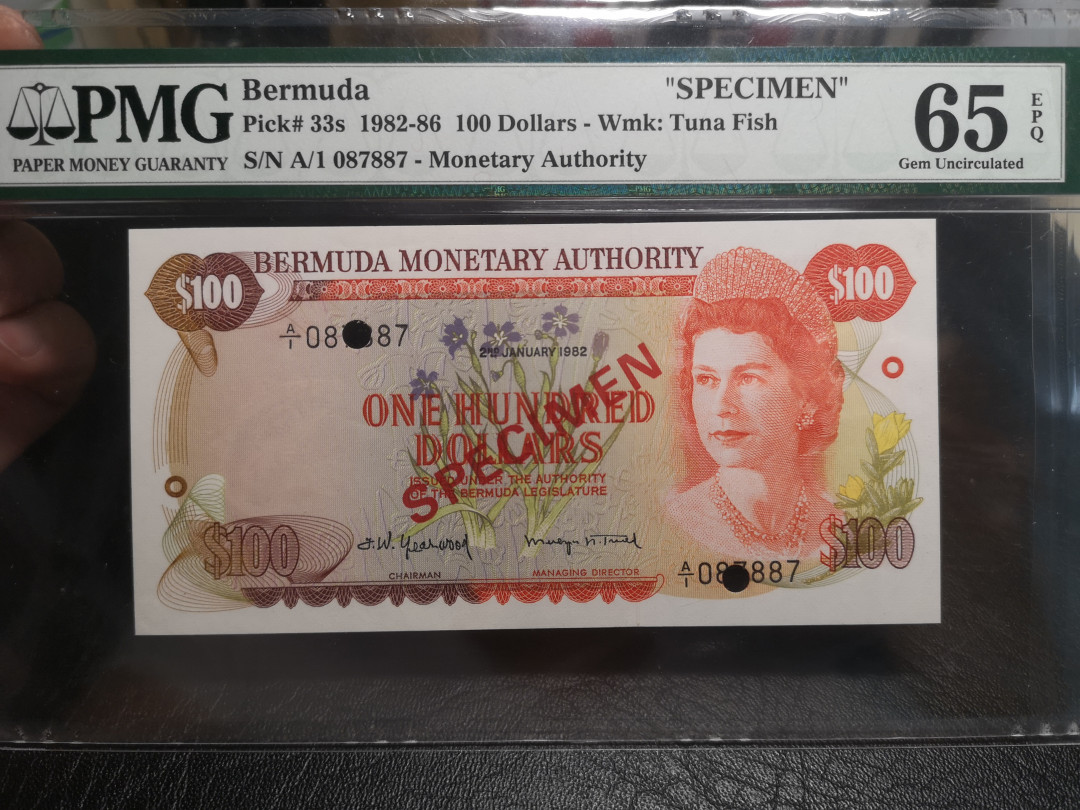 《外钞收藏家》第八十四期拍卖（广州2020币展特拍） 百慕大1982-86年100刀 pmg65 这是样钞