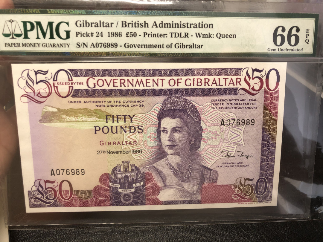 《外钞收藏家》第八十四期拍卖（广州2020币展特拍） 直布罗陀1986年50镑 pmg66