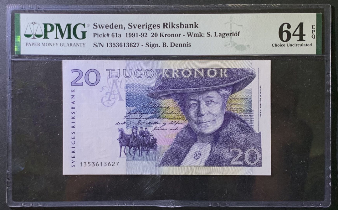 紫瑗钱币——微拍第107期—纸币场（团购） 瑞典 1991-92年 骑鹅旅行记 初版 20克朗 PMG 64 EPQ （P-61a)