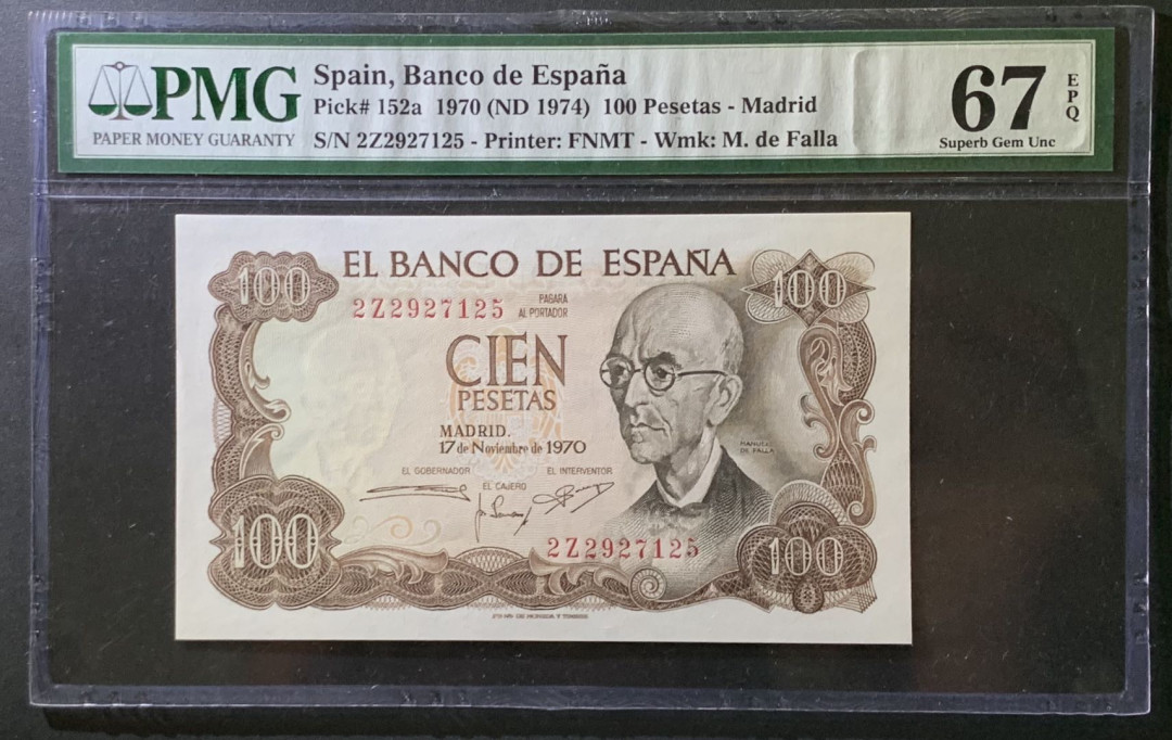 紫瑗钱币——微拍第107期—纸币场（团购） 西班牙 1970（1974）年 曼努埃尔·德法拉 100比塞塔 PMG 67 EPQ （P-152a）