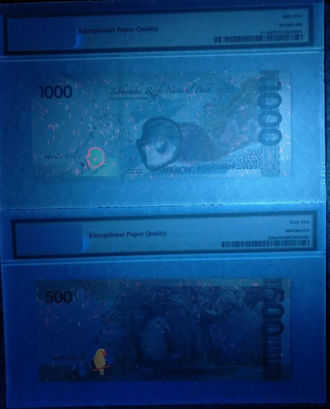 【鲸贝乐淘】千字文·第“坚持雅操，好爵自縻”号拍卖·CICE钱币博览会专场 菲律宾2010首发冠初版500、1000比索99号一对同分PMG65