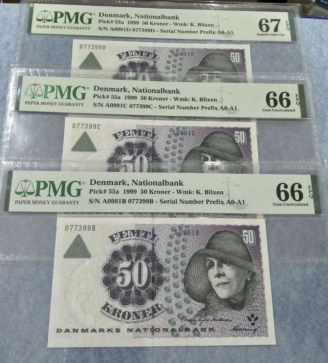 【鲸贝乐淘】千字文·第“坚持雅操，好爵自縻”号拍卖·CICE钱币博览会专场 丹麦1999年初版浮雕版50克朗评级钞三张PMG66、66、67