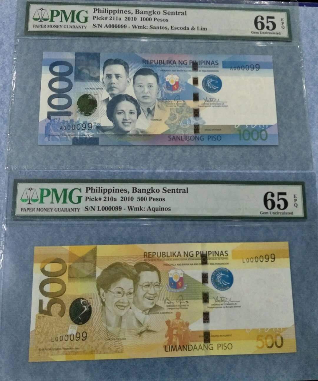 【鲸贝乐淘】千字文·第“坚持雅操，好爵自縻”号拍卖·CICE钱币博览会专场 菲律宾2010首发冠初版500、1000比索99号一对同分PMG65