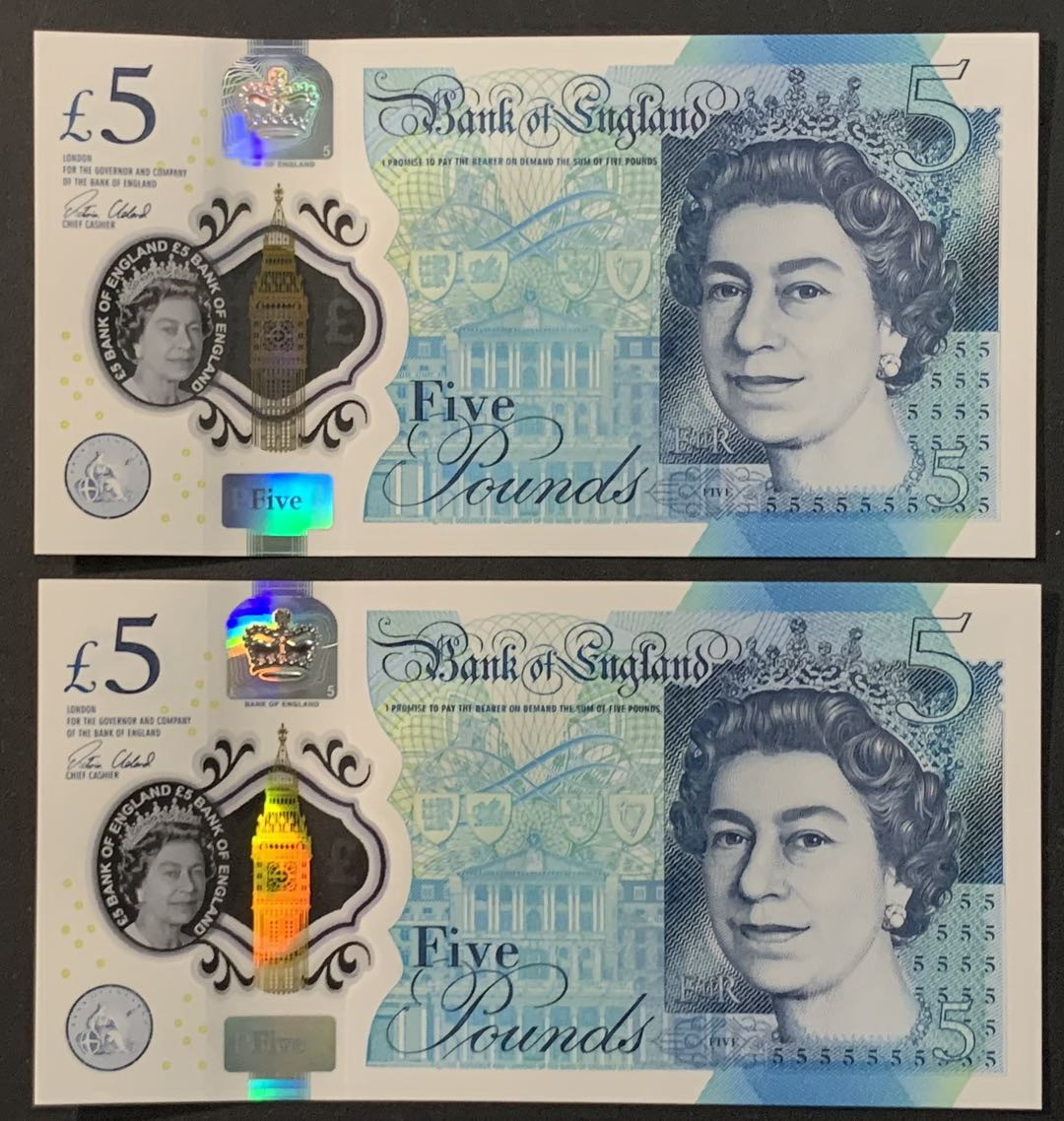 紫瑗钱币——微拍第107期—纸币场（团购） 英国 2015年 丘吉尔 5英镑 塑料钞 UNC 2枚一组 