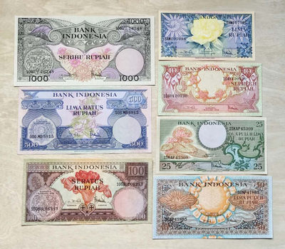【Blue Auction】世界纸币精拍第24期—— 千岛之国(共56拍） - 【一组7张全套】印度尼西亚 1959年 花鸟版 1000卢比~5卢比 全新UNC （500卢比稀少）